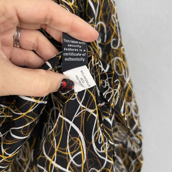Diane von Furstenberg Blouse Womens 8 Black Gold White Silk Tie Waist Peasant - Picture 8 of 16